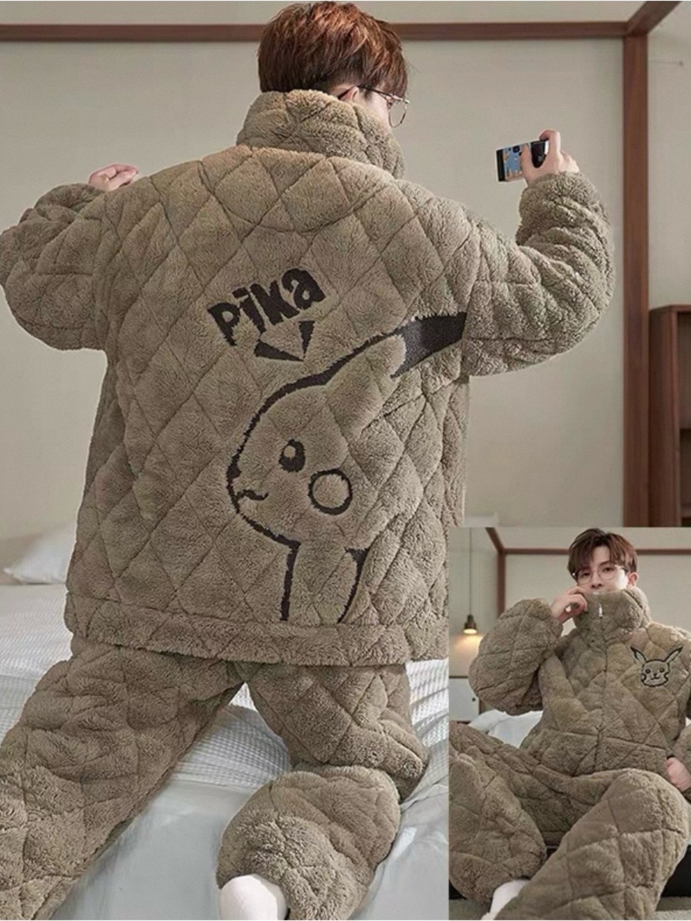 Quilted Plush Two-Piece Lounge Set in Taupe with Character Graphic